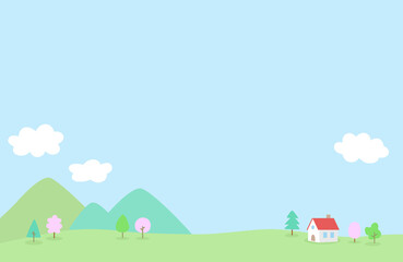 山と小さな家の春の背景イラスト