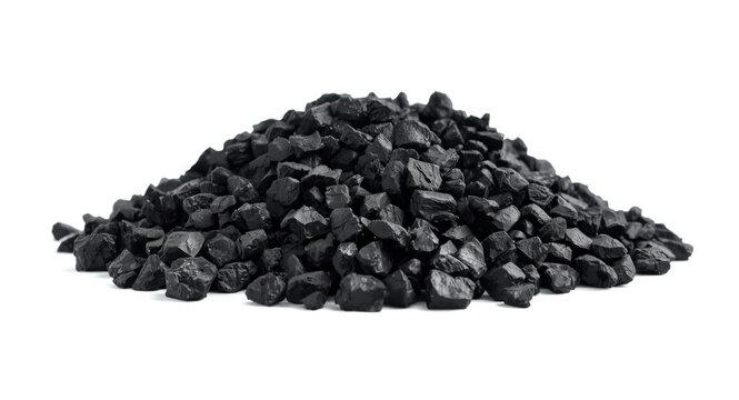 Close up coal pile with sharp detail on uniform white backdrop