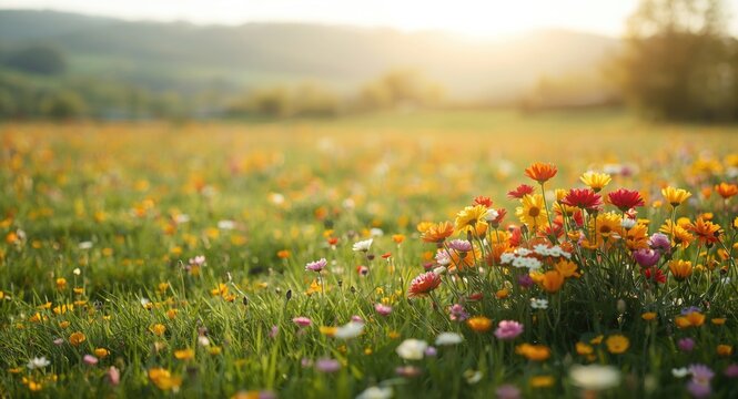 Colorful spring flowers spread their fresh fragrance across fields