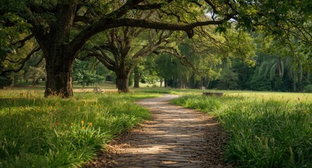 Obraz premium Idyllic stone trail winding through flourishing parkland filled with green grass and tall trees