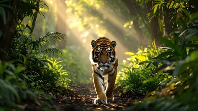 A tiger walks toward the viewer on a jungle path, sunlight shining through the trees