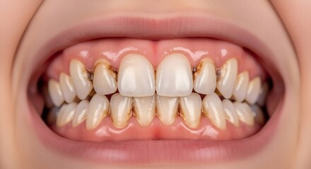 Obraz premium Closeup of Unhealthy Teeth with Stains and Plaque with Dental Hygiene.