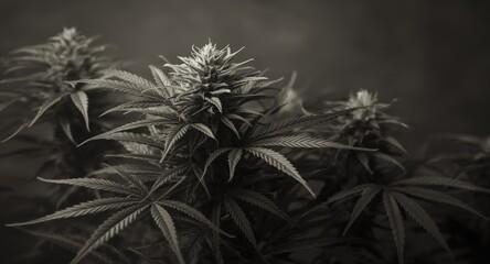 Artistic monochrome vintage image highlighting detailed cannabis plant foliage in botanical style