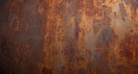 Brown oxidized textured metal backdrop with ample copy space in wide format and soft natural lighting