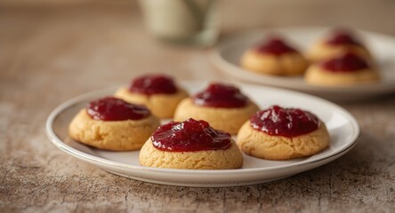 Homemade cookies topped with thick sweet jam freshly baked