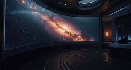 Obraz premium Inside futuristic command center with glowing nebula and stars