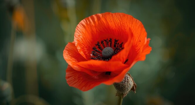 Close up of bright opium poppy flower with an elegantly blurred backdrop