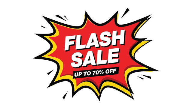 Graphic design of a red flash sale badge with white text on a white background, featuring a comic book-style burst with yellow and black accents.