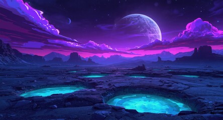 Fototapeta premium Cartoon depiction of alien planet at night with glowing crater pools and neon space background