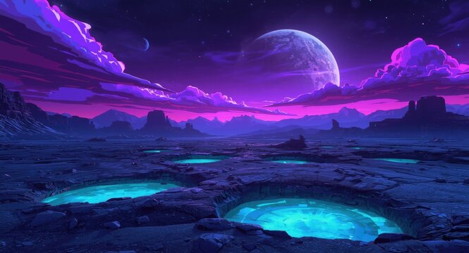 Cartoon depiction of alien planet at night with glowing crater pools and neon space background