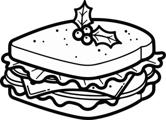 Black and white drawing of a layered sandwich topped with holly