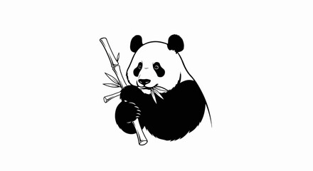 Black and white drawing of a panda holding and eating bamboo