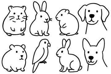 Fototapeta premium set of rabbits, Hand-Drawn Pet Line Illustrations – Dog, Bird, Rabbit, Hamster