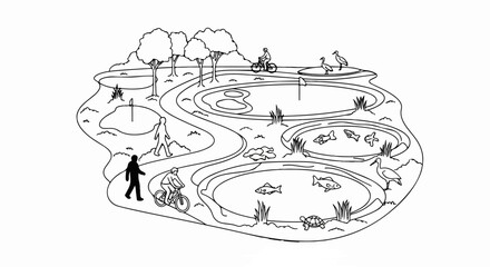 Black and white drawing of a park with ponds, people, and wildlife