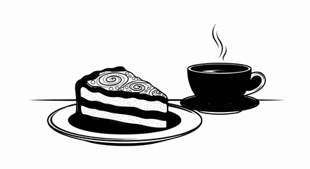 Black and white drawing of a slice of layered cake with swirls and a steaming cup of coffee