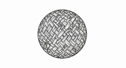 Black and white drawing of a spherical object with an intricate woven texture