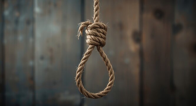 Focused view of frayed rope shaped into a hangmans noose knot