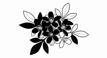 Black and white floral arrangement of blossoms and leaves