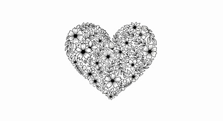 Black and white floral heart illustration, delicate petals and leaves