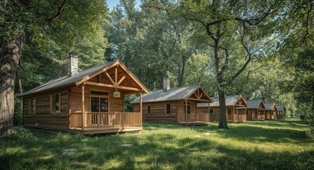Eco friendly wooden houses under summer sunlight in a camp setting with copy space