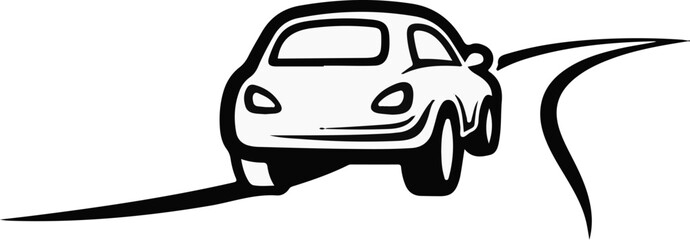 Black and white graphic of a car driving on a curving road