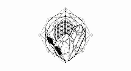 Black and white geometric abstract with crystal cluster and sacred geometry