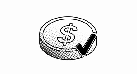 Black and white graphic of a coin with a dollar sign and checkmark