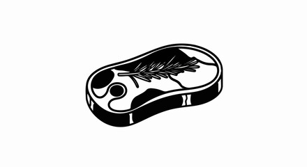 Black and white graphic of a raw steak with a sprig of rosemary