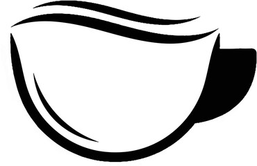 Black and white icon of a steaming coffee cup with elegant wavy lines above