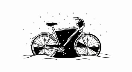 Black and white illustration of a bicycle in snow with snowflakes