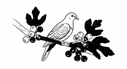 Black and white illustration of a bird perched on a branch with fruit and leaves