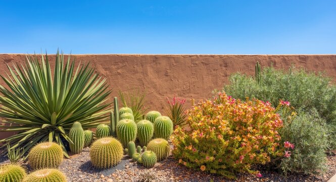 Colorful cacti and desert plants create a minimalist landscaped backyard scene