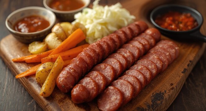 Korean style sausage with cooked potatoes carrots cabbage served with adjika and tomato sauces on wooden board