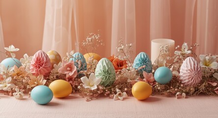 Artistic Easter table layout with origami eggs and floral decorations for spring celebration