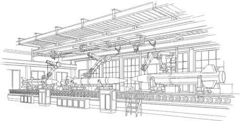 Fototapeta premium Automated robotic arms assemble missiles on a production line