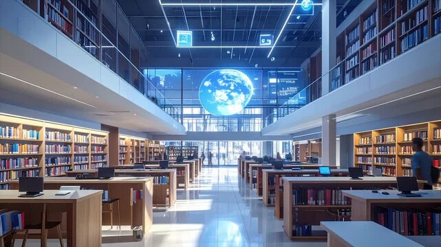 Modern library interior with large display showing a globe, surrounded by books and study areas