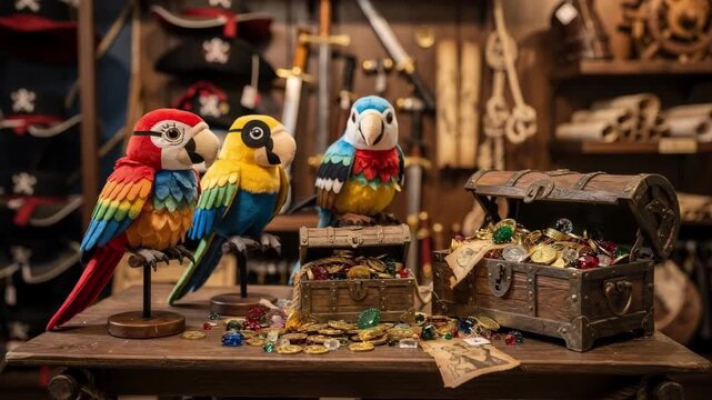 Medium shot of piratethemed retail gift shop with plush parrots and treasure chest souvenirs blurred in background.