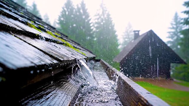 Heavy rain drips wood roof gutter water flow forest cabin, Suitable for ASMR footage