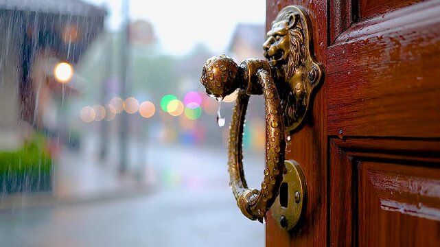 Raindrops fall on old brass lion door knocker wet wood street lights, Suitable for ASMR footage.