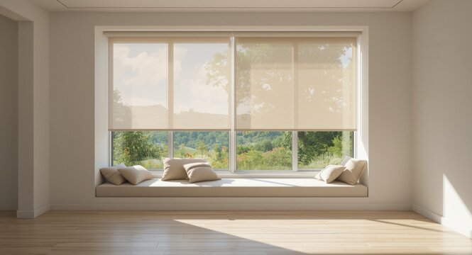 Automated beige window rollers controlled remotely on big glass with pillows positioned above the sill and scenic summer greenery outside