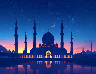 Fototapeta premium Majestic mosque silhouette at serene twilight with crescent moon