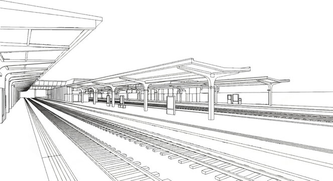 An illustrative sketch of an empty train station with multiple tracks