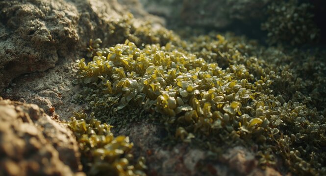 Focused shot showing ulva lactuca green seaweed flourishing on textured rock surfaces