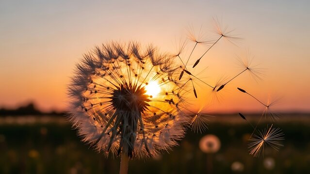 Sunset Dandelion Seeds Floating in Golden Sky