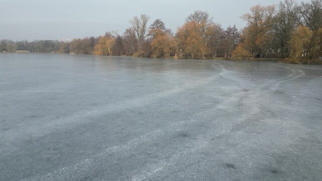 Zwickau Swan Pond frozen from above in winter 4k
