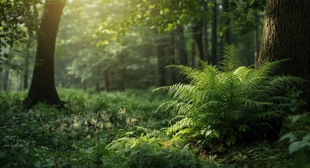 Obraz premium Lush woodland setting displaying rich plant life and clear atmosphere