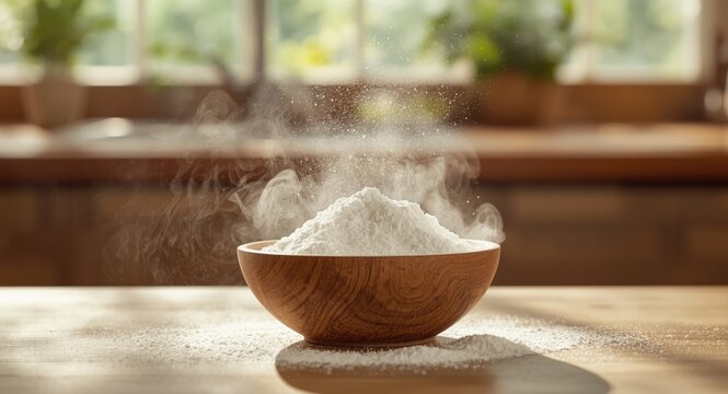 Leaf extract based stevioside sugar substitute powder in wooden serving bowl