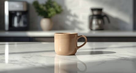 Obraz premium Coffee cup on glossy marble countertop with blurred greenery and coffee maker in kitchen background copy space