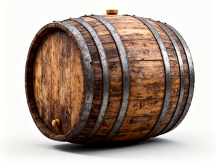 Side View of Rustic Wooden Barrel with Metal Hoops and Knob on White Background - Symbol of Traditional Craftsmanship and Sustainable Packaging