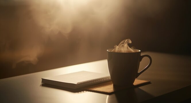 Close up of coffee cup and white notebook on a designer desktop with light haze